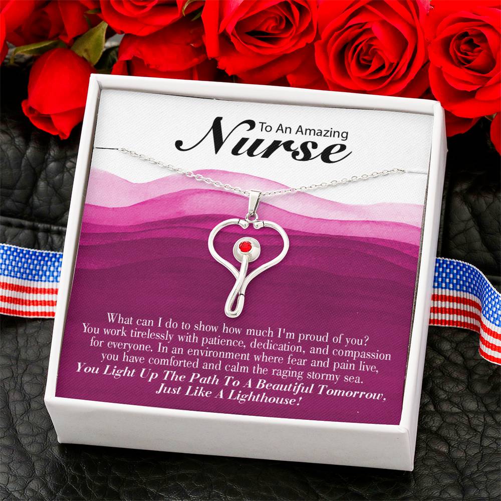Inspirational Message for Nurse Heart Scope Necklace Red Swarovski Crystal Adjustable Chain 18-22"-Express Your Love Gifts