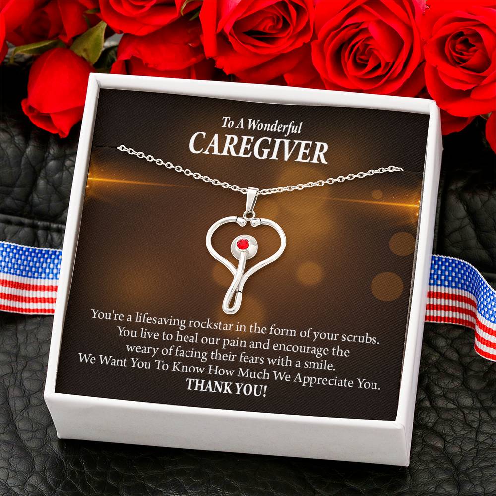 Rockstar Caregiver Heart Scope Necklace Red Swarovski Crystal Adjustable Chain 18-22"-Express Your Love Gifts