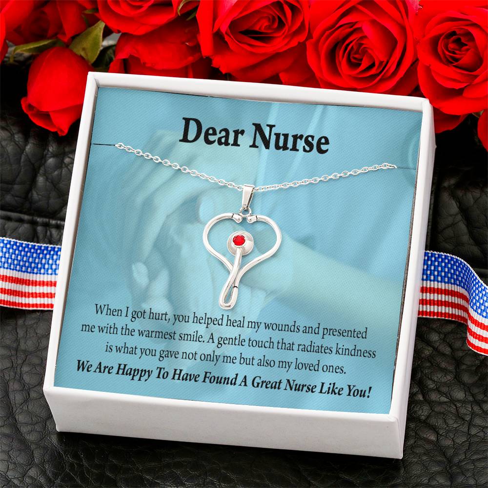 Nurse Thank You Heart Scope Necklace Red Swarovski Crystal Adjustable Chain 18-22"-Express Your Love Gifts