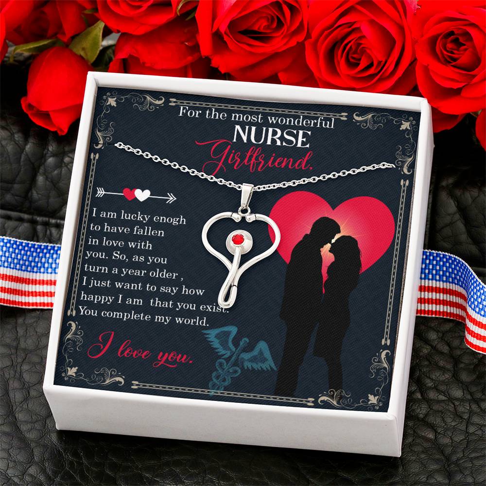 For the most wonderful nurse girlfriend Heart Scope Necklace Red Swarovski Crystal Adjustable Chain 18-22"-Express Your Love Gifts