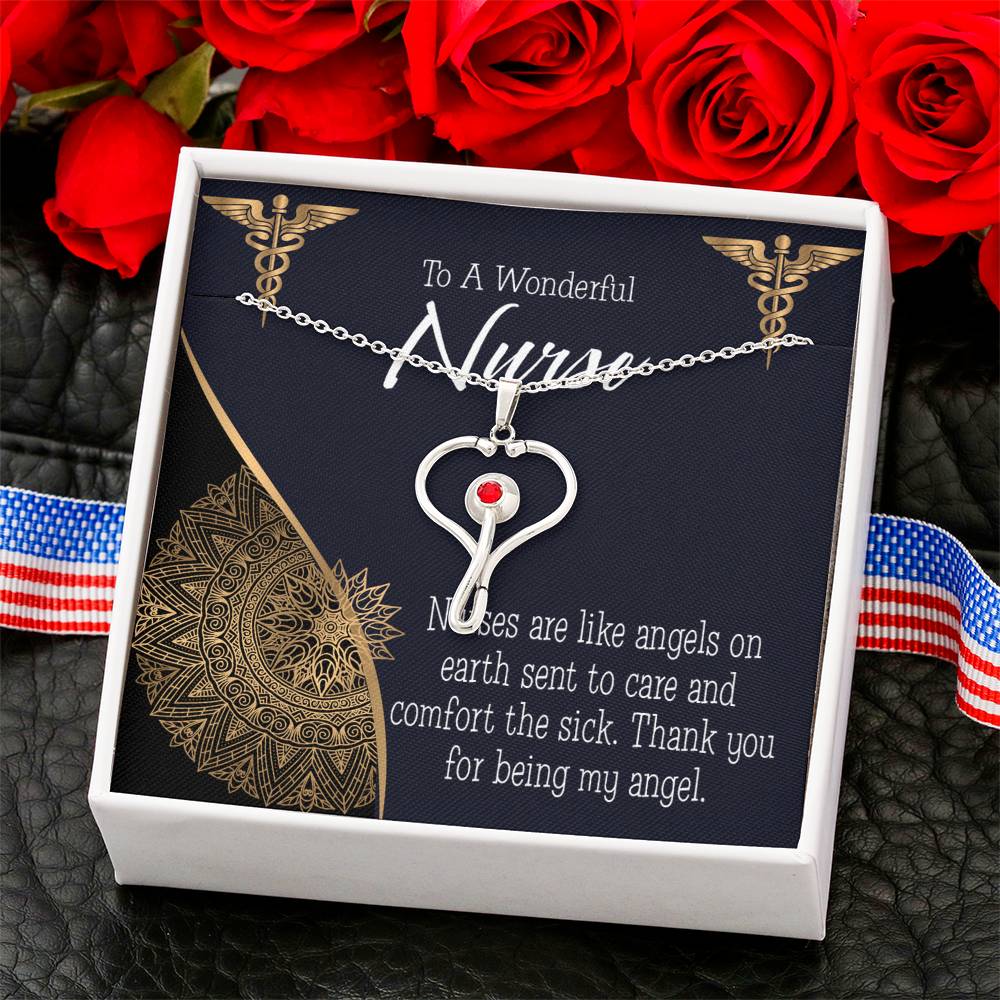 Nurses are Like Angels Heart Scope Necklace Red Swarovski Crystal Adjustable Chain 18-22"-Express Your Love Gifts