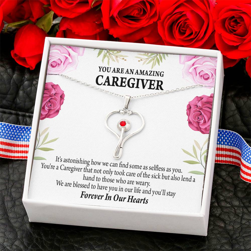 Caregiver Necklace Heart Scope Necklace Red Swarovski Crystal Adjustable Chain 18-22"-Express Your Love Gifts