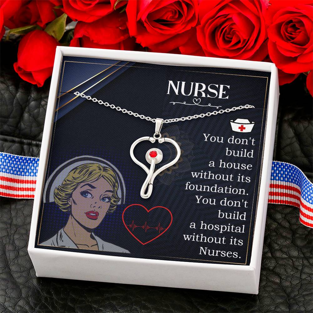 Nurses are the Foundation Heart Scope Necklace Red Swarovski Crystal Adjustable Chain 18-22"-Express Your Love Gifts