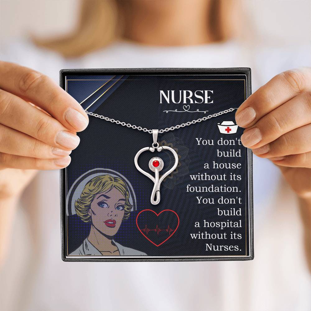 Nurses are the Foundation Heart Scope Necklace Red Swarovski Crystal Adjustable Chain 18-22"-Express Your Love Gifts