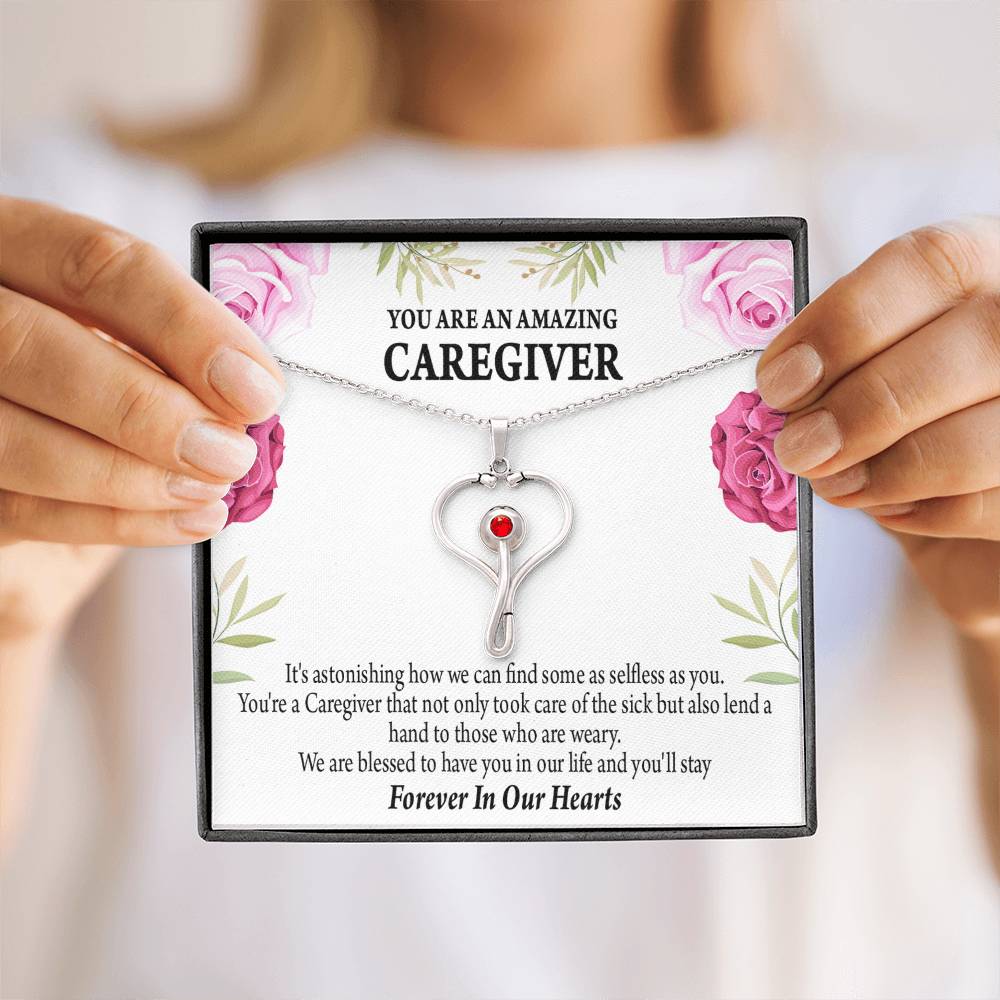 Caregiver Necklace Heart Scope Necklace Red Swarovski Crystal Adjustable Chain 18-22"-Express Your Love Gifts
