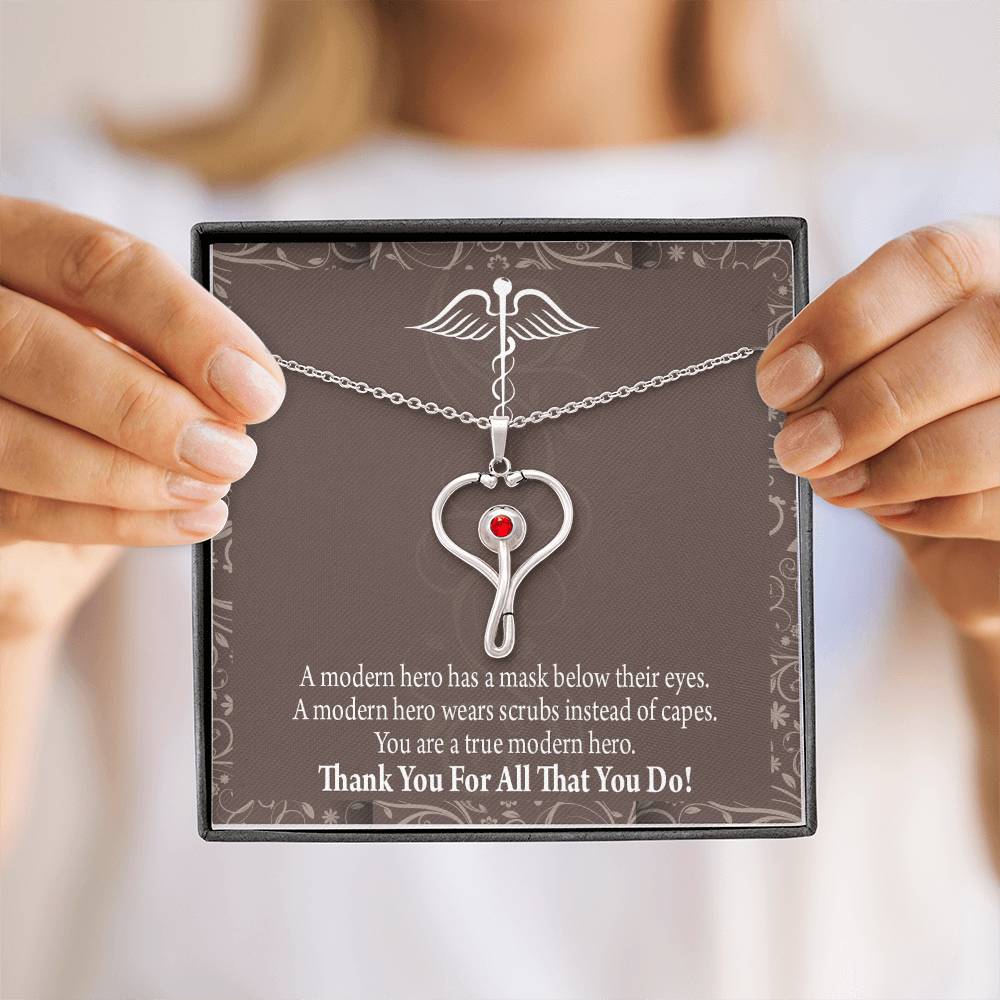Medical Hero Appreciation Heart Scope Necklace Red Swarovski Crystal Adjustable Chain 18-22"-Express Your Love Gifts