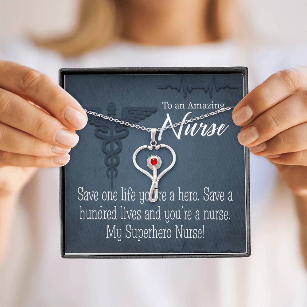 My Superhero Nurse! Heart Scope Necklace Red Swarovski Crystal Adjustable Chain 18-22"-Express Your Love Gifts