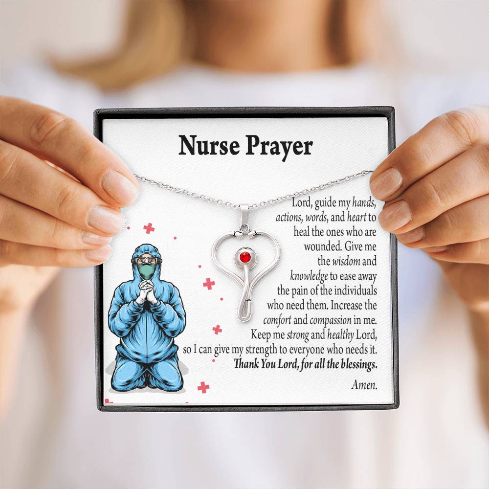 Nurse Prayer Necklace Heart Scope Necklace Red Swarovski Crystal Adjustable Chain 18-22"-Express Your Love Gifts