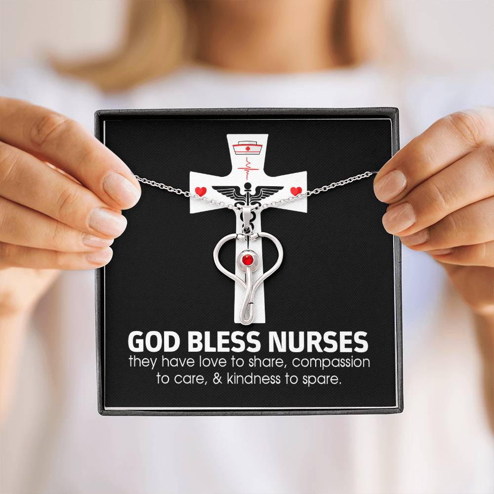 God Bless Nurses Heart Scope Necklace Red Swarovski Crystal Adjustable Chain 18-22"-Express Your Love Gifts