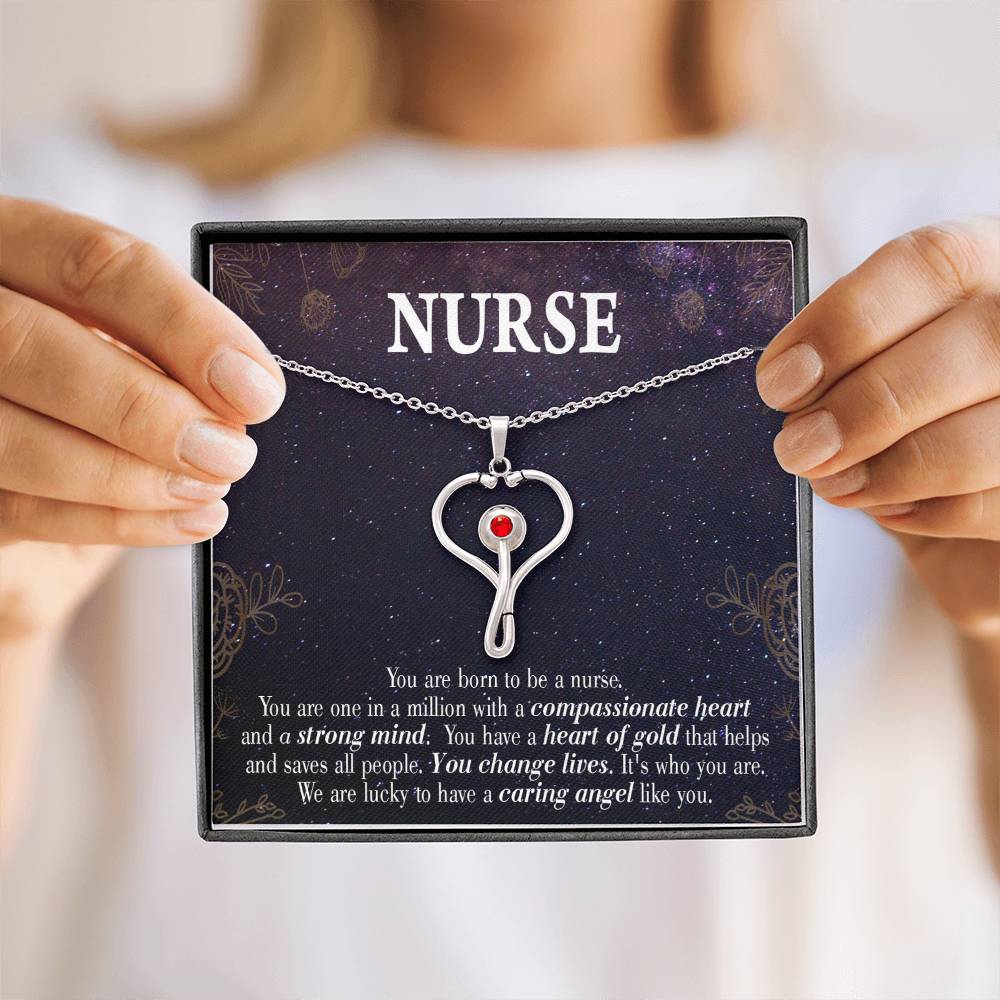 Caring Angel Nurse Heart Scope Necklace Red Swarovski Crystal Adjustable Chain 18-22"-Express Your Love Gifts