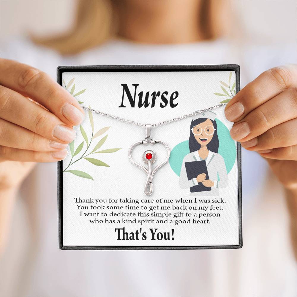 Simple Thank You Nurse Heart Scope Necklace Red Swarovski Crystal Adjustable Chain 18-22"-Express Your Love Gifts