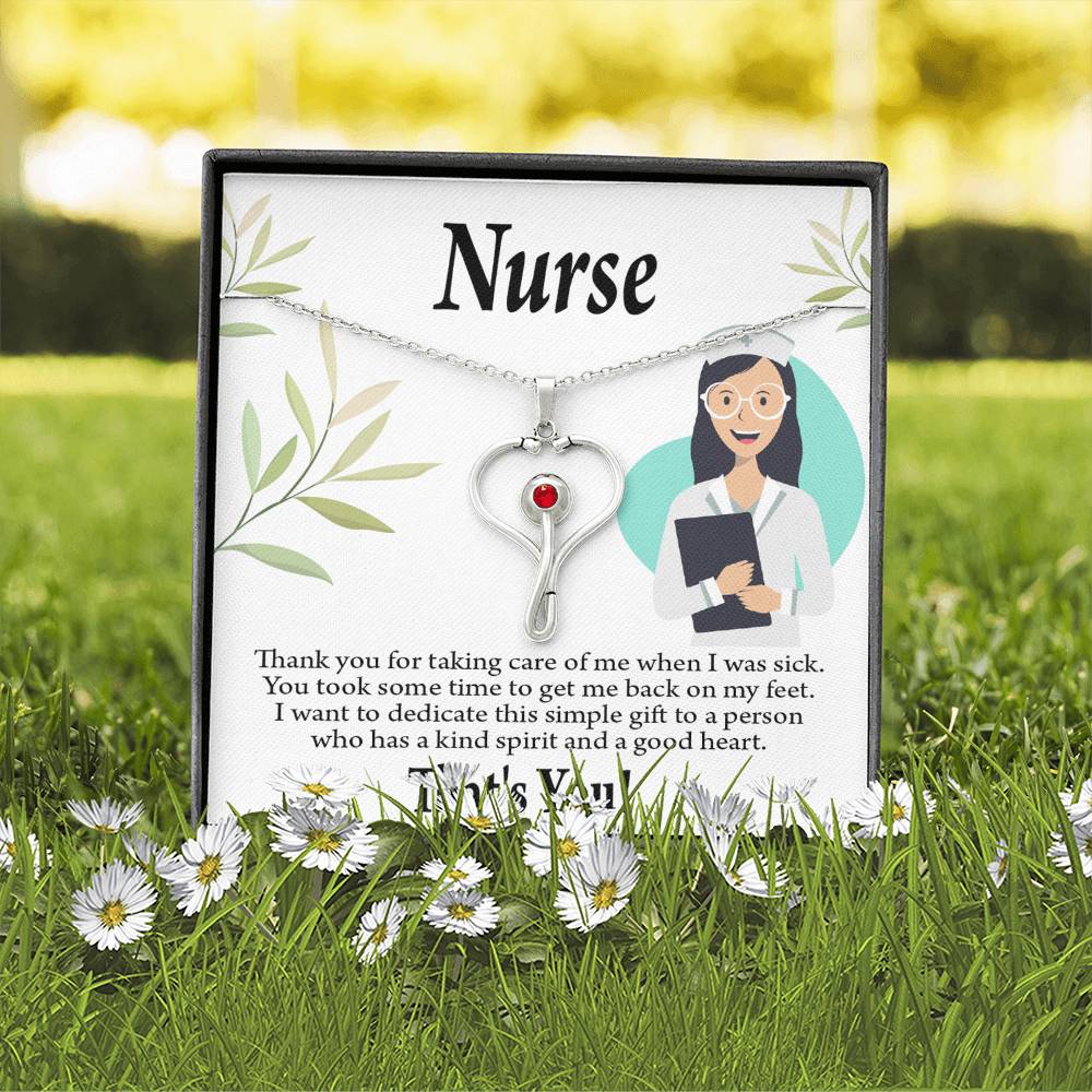 Simple Thank You Nurse Heart Scope Necklace Red Swarovski Crystal Adjustable Chain 18-22"-Express Your Love Gifts