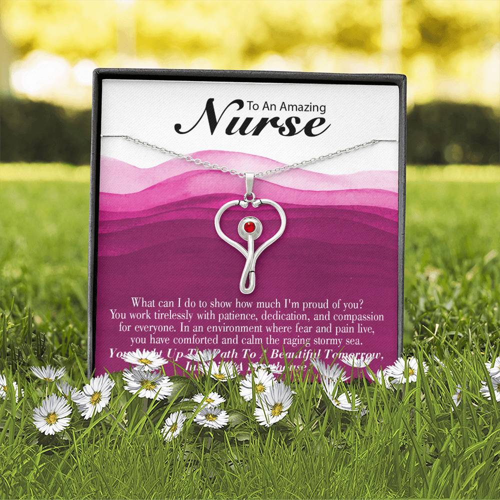 Inspirational Message for Nurse Heart Scope Necklace Red Swarovski Crystal Adjustable Chain 18-22"-Express Your Love Gifts