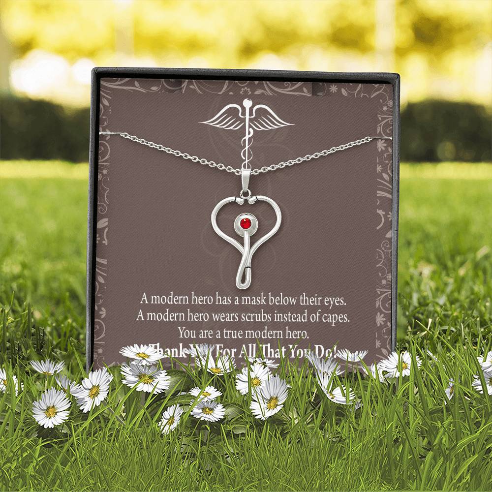 Medical Hero Appreciation Heart Scope Necklace Red Swarovski Crystal Adjustable Chain 18-22"-Express Your Love Gifts