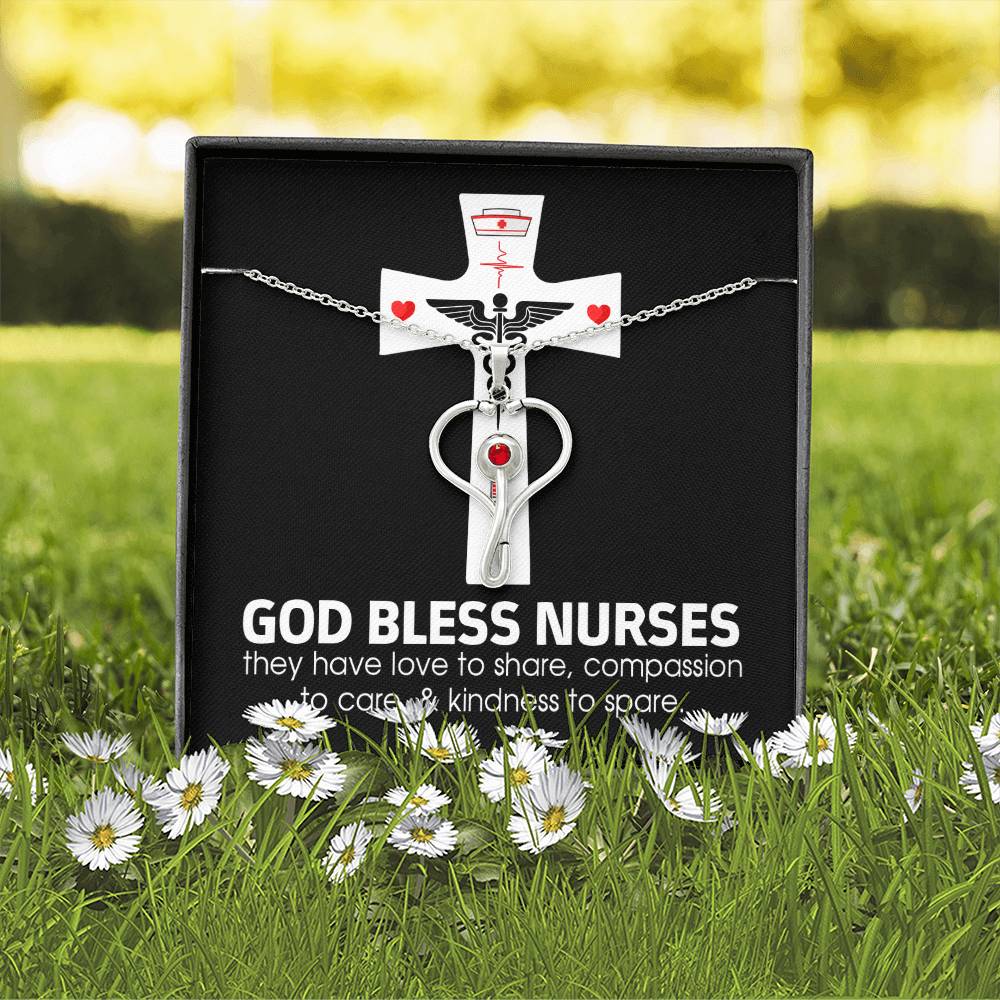 God Bless Nurses Heart Scope Necklace Red Swarovski Crystal Adjustable Chain 18-22"-Express Your Love Gifts