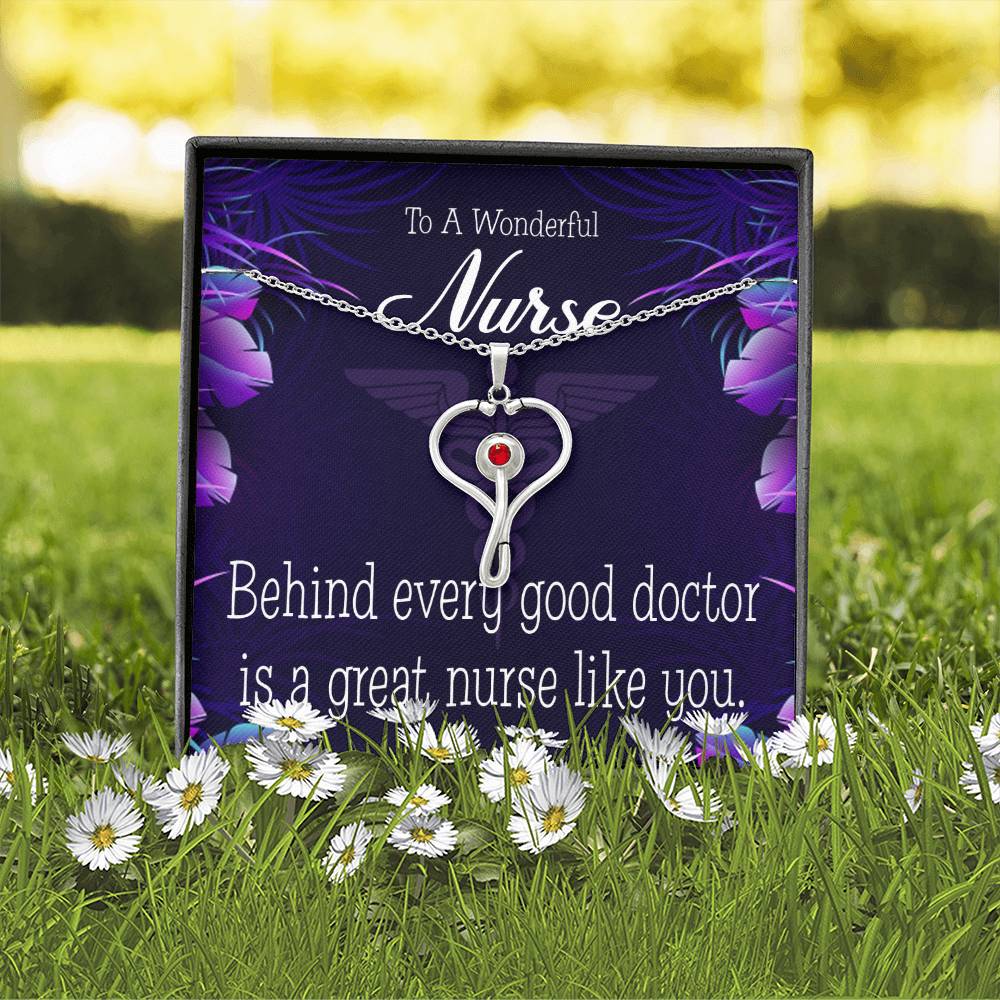 Behind Every Doctor Heart Scope Necklace Red Swarovski Crystal Adjustable Chain 18-22"-Express Your Love Gifts