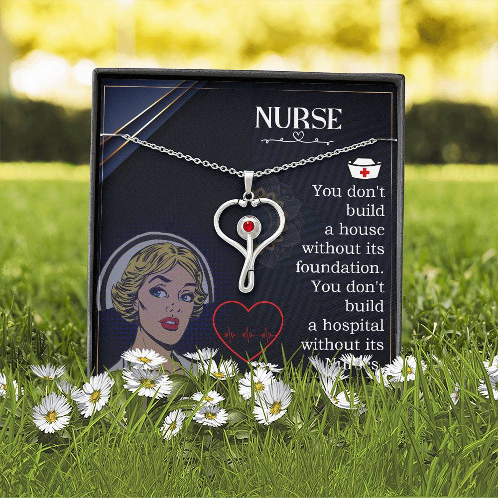Nurses are the Foundation Heart Scope Necklace Red Swarovski Crystal Adjustable Chain 18-22"-Express Your Love Gifts