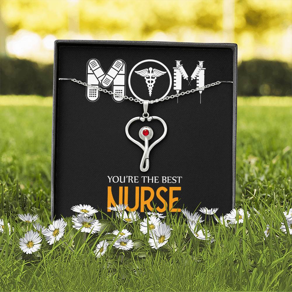 Mom Nurse Heart Scope Necklace Red Swarovski Crystal Adjustable Chain 18-22"-Express Your Love Gifts