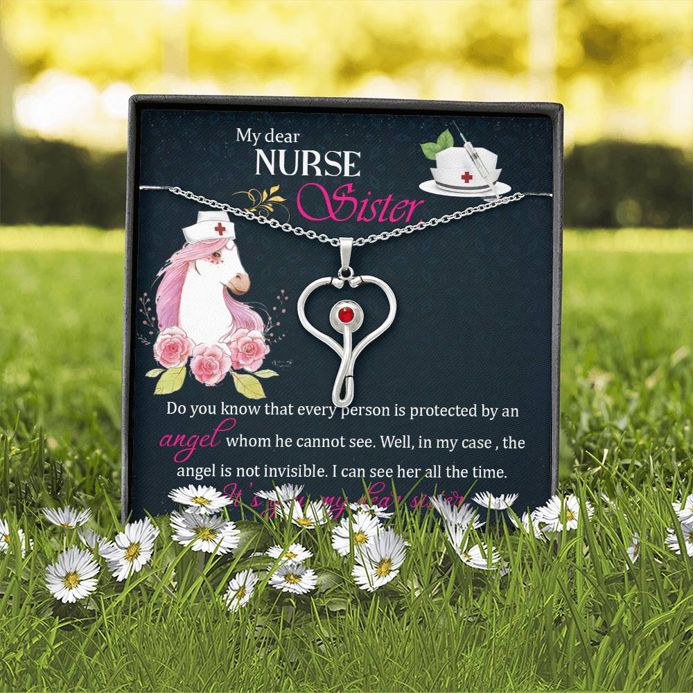 My dear nurse sister Heart Scope Necklace Red Swarovski Crystal Adjustable Chain 18-22"-Express Your Love Gifts