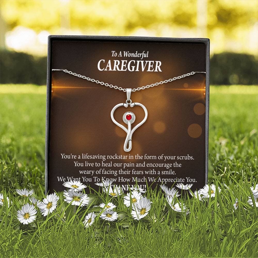Rockstar Caregiver Heart Scope Necklace Red Swarovski Crystal Adjustable Chain 18-22"-Express Your Love Gifts