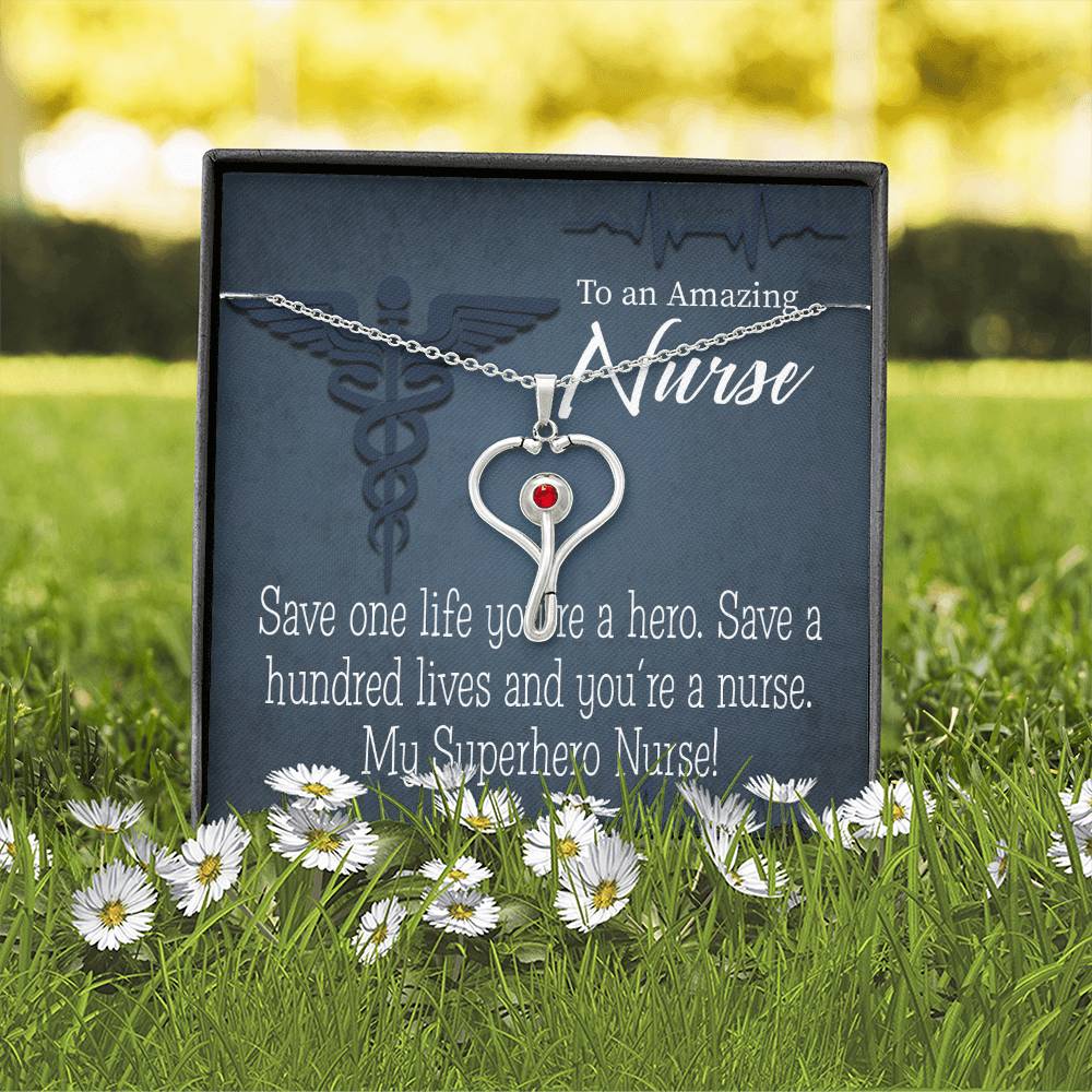 My Superhero Nurse! Heart Scope Necklace Red Swarovski Crystal Adjustable Chain 18-22"-Express Your Love Gifts