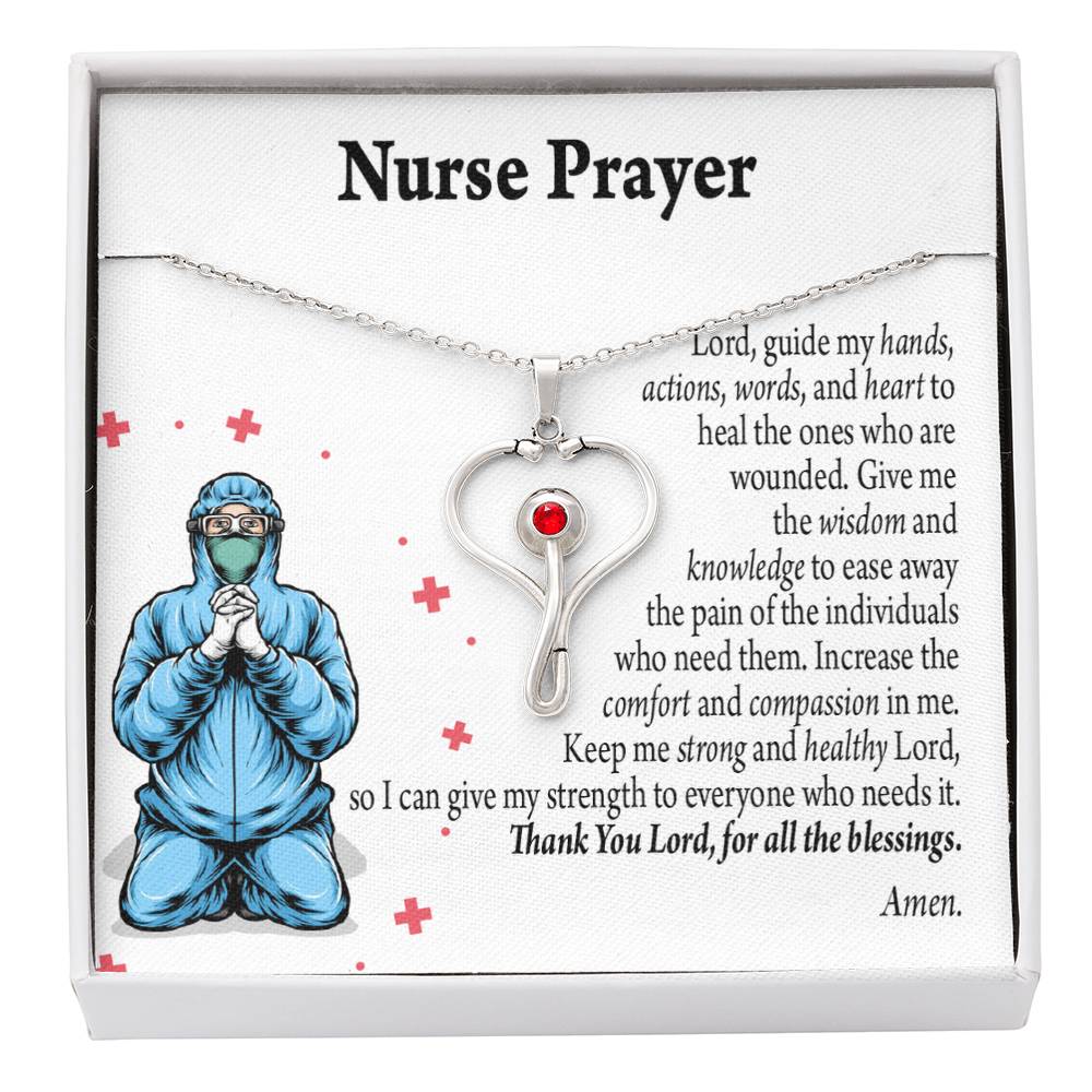 Nurse Prayer Necklace Heart Scope Necklace Red Swarovski Crystal Adjustable Chain 18-22"-Express Your Love Gifts