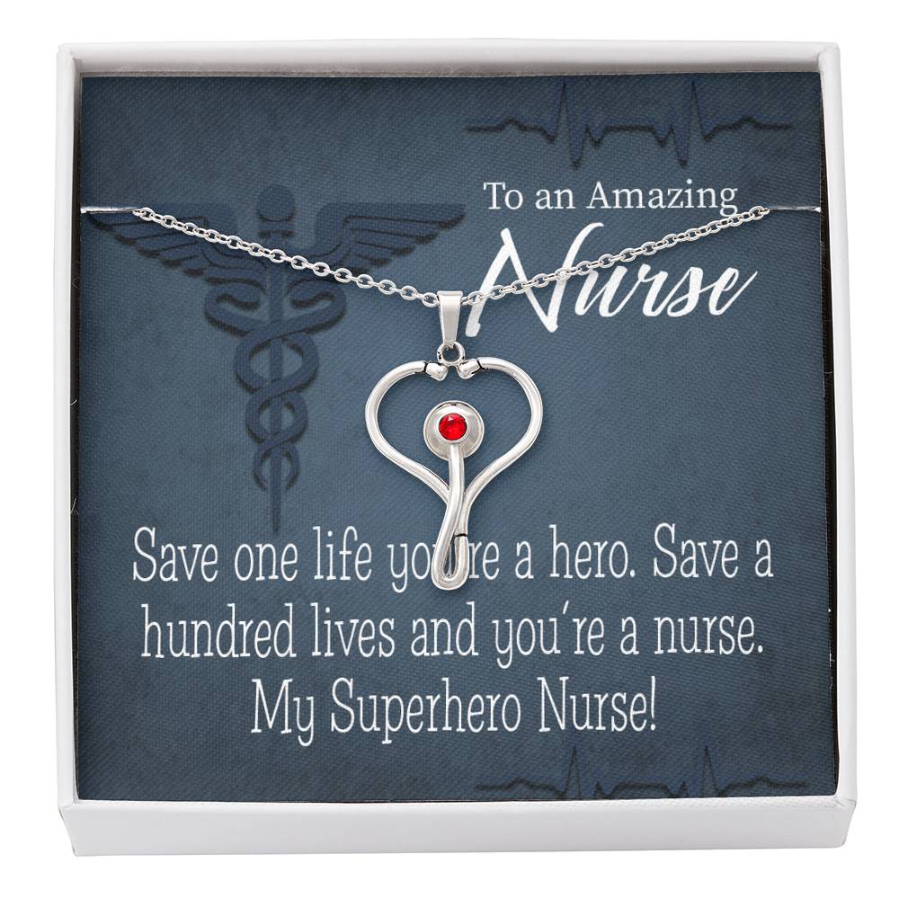 My Superhero Nurse! Heart Scope Necklace Red Swarovski Crystal Adjustable Chain 18-22"-Express Your Love Gifts