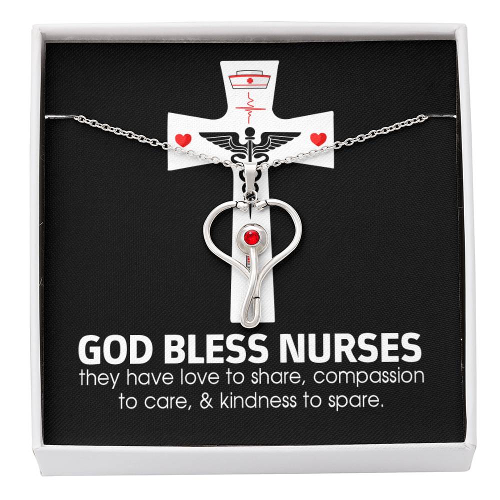 God Bless Nurses Heart Scope Necklace Red Swarovski Crystal Adjustable Chain 18-22"-Express Your Love Gifts