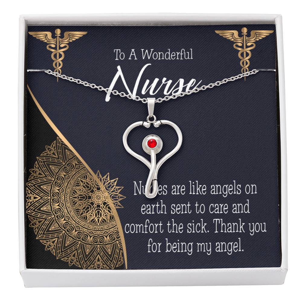 Nurses are Like Angels Heart Scope Necklace Red Swarovski Crystal Adjustable Chain 18-22"-Express Your Love Gifts