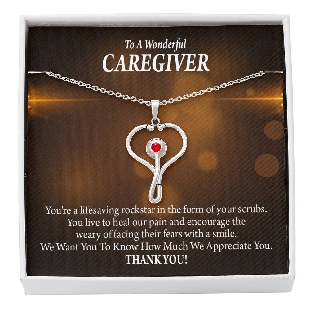 Rockstar Caregiver Heart Scope Necklace Red Swarovski Crystal Adjustable Chain 18-22"-Express Your Love Gifts