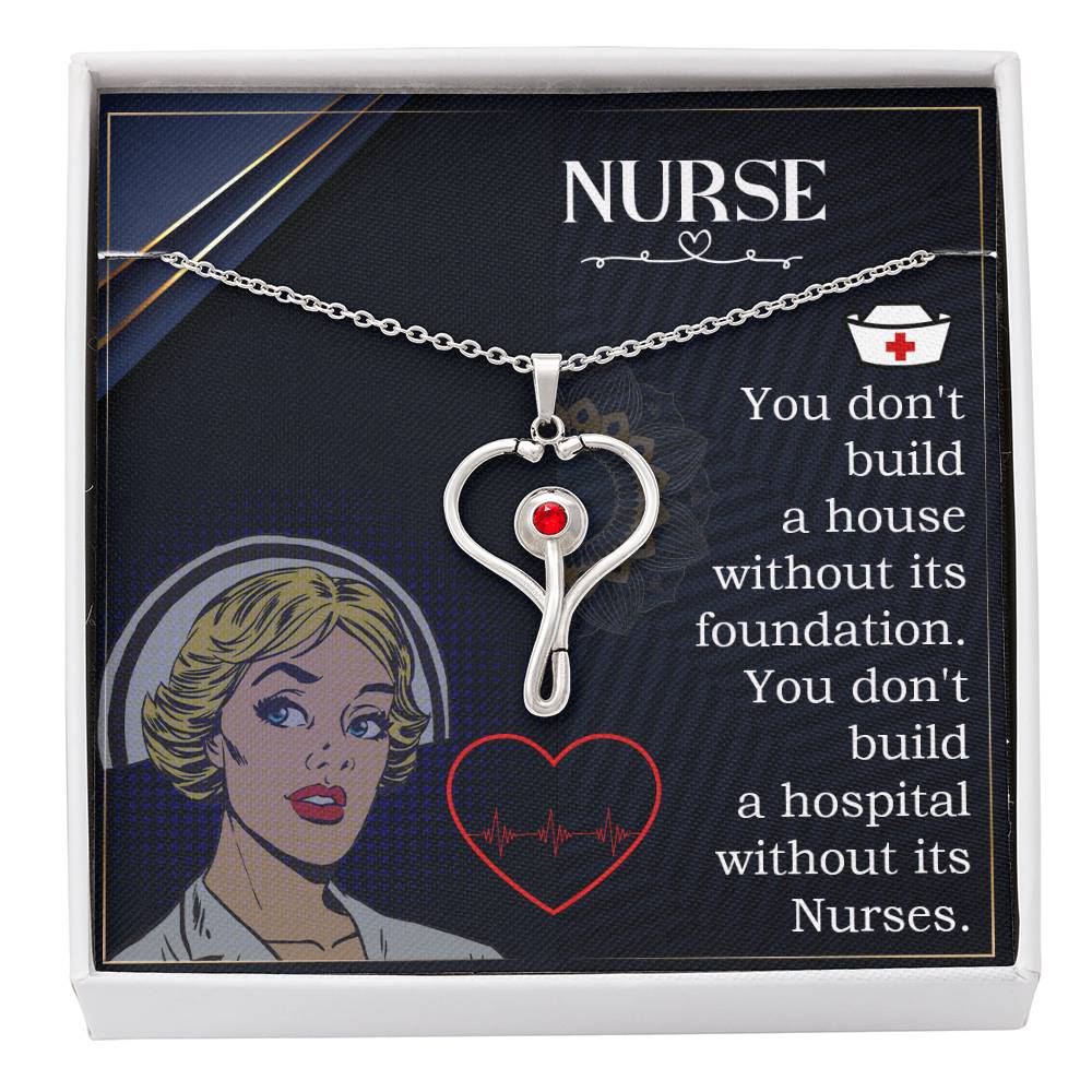 Nurses are the Foundation Heart Scope Necklace Red Swarovski Crystal Adjustable Chain 18-22"-Express Your Love Gifts