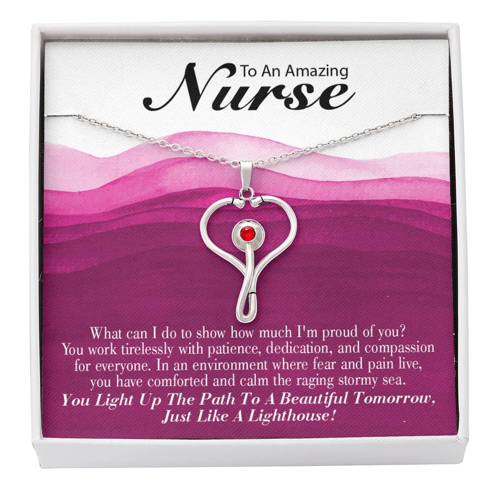 Inspirational Message for Nurse Heart Scope Necklace Red Swarovski Crystal Adjustable Chain 18-22"-Express Your Love Gifts