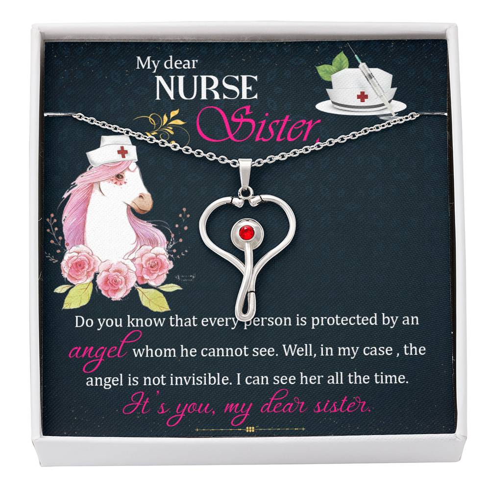 My dear nurse sister Heart Scope Necklace Red Swarovski Crystal Adjustable Chain 18-22"-Express Your Love Gifts