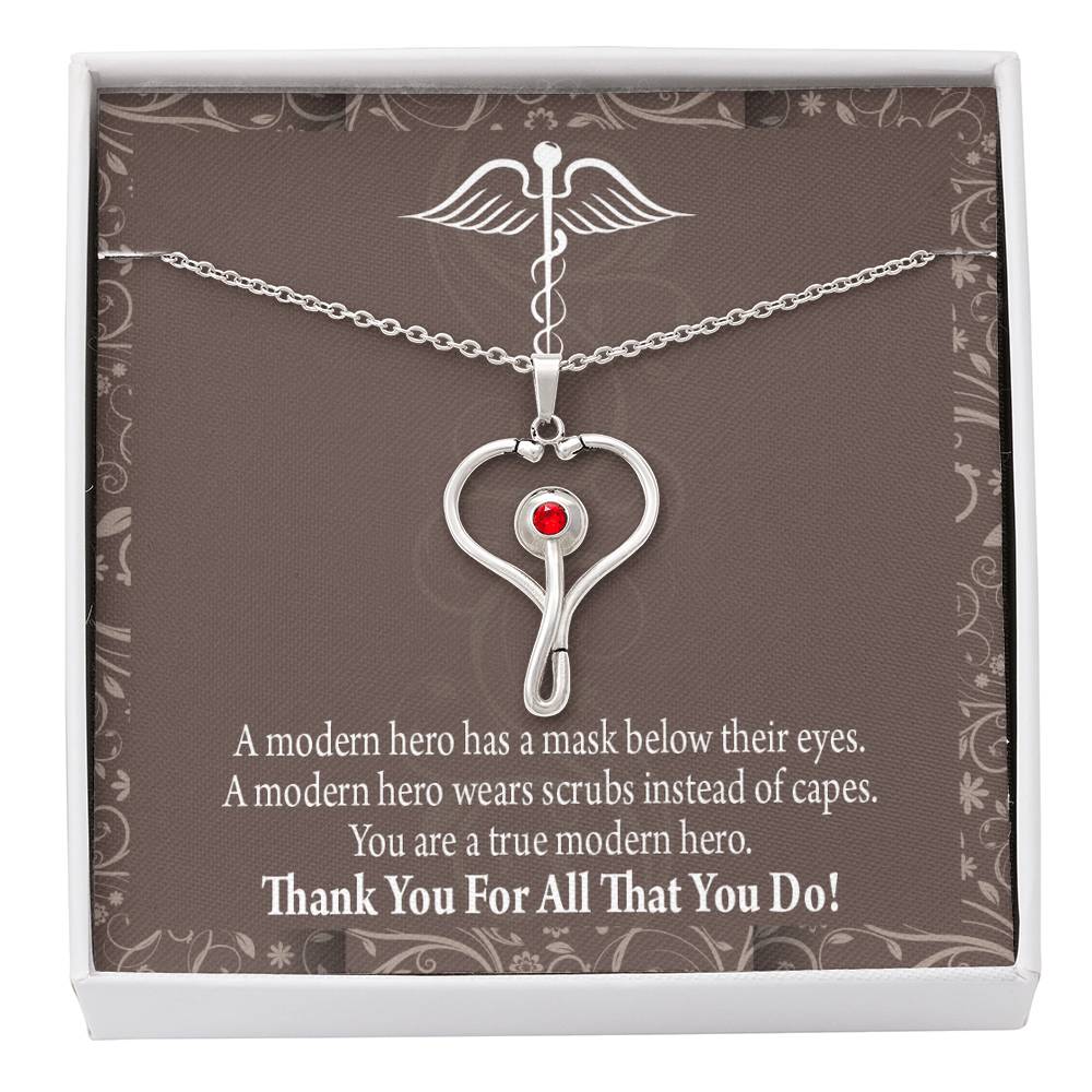 Medical Hero Appreciation Heart Scope Necklace Red Swarovski Crystal Adjustable Chain 18-22"-Express Your Love Gifts