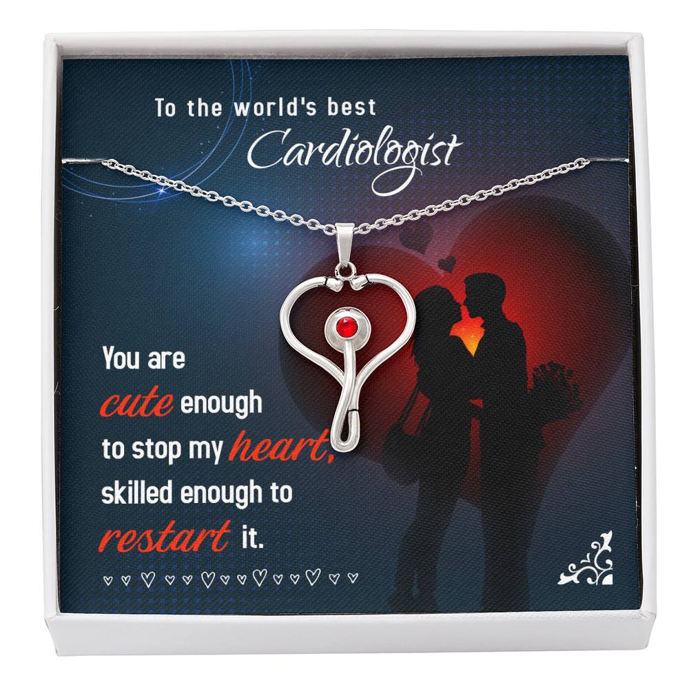 To My Cardiologist Heart Scope Necklace Red Swarovski Crystal Adjustable Chain 18-22"-Express Your Love Gifts