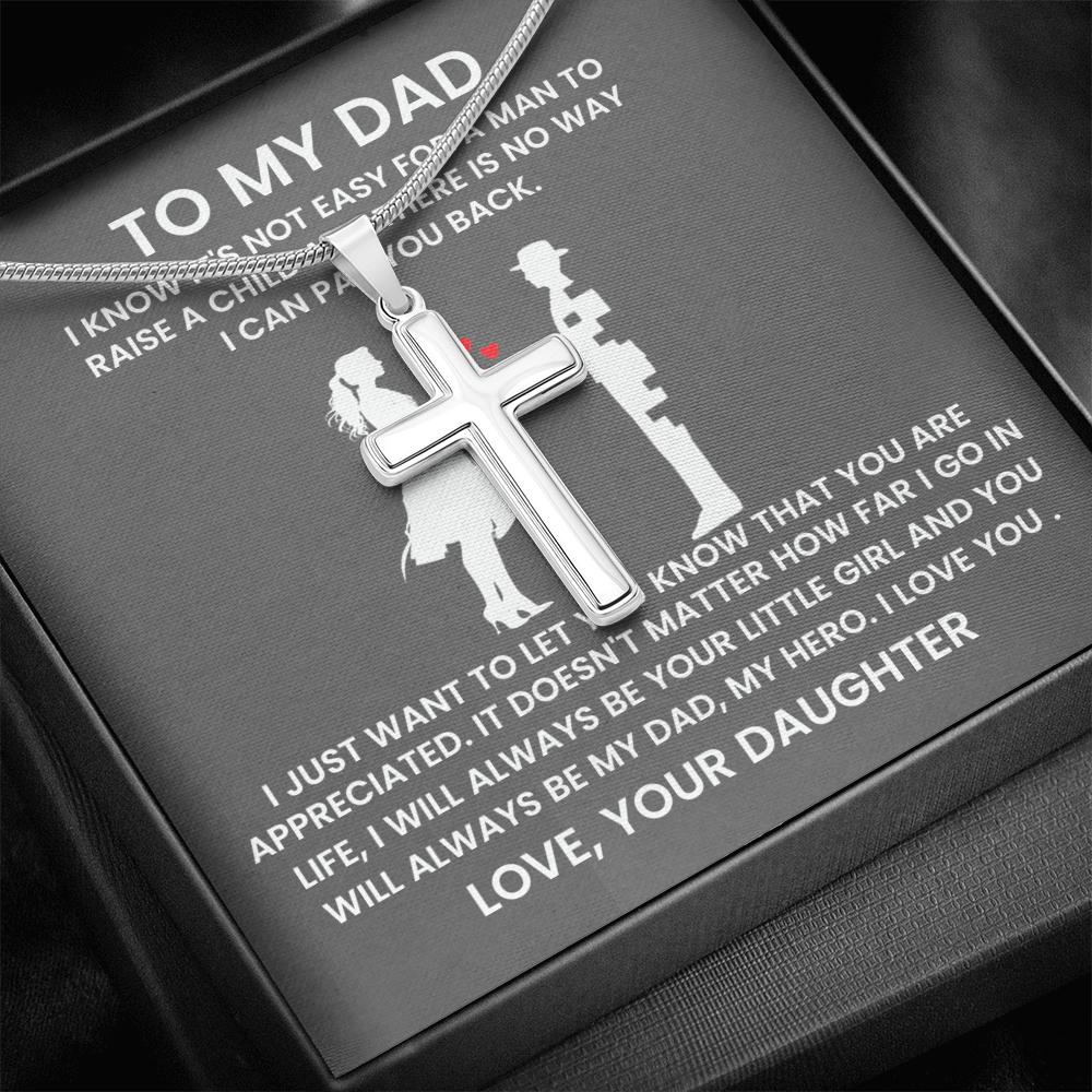 Dad Not Easy to Raise a Child Artisan Cross Pendant Necklace with Adjustable Snake Chain – Gold or Stainless Steel-Express Your Love Gifts