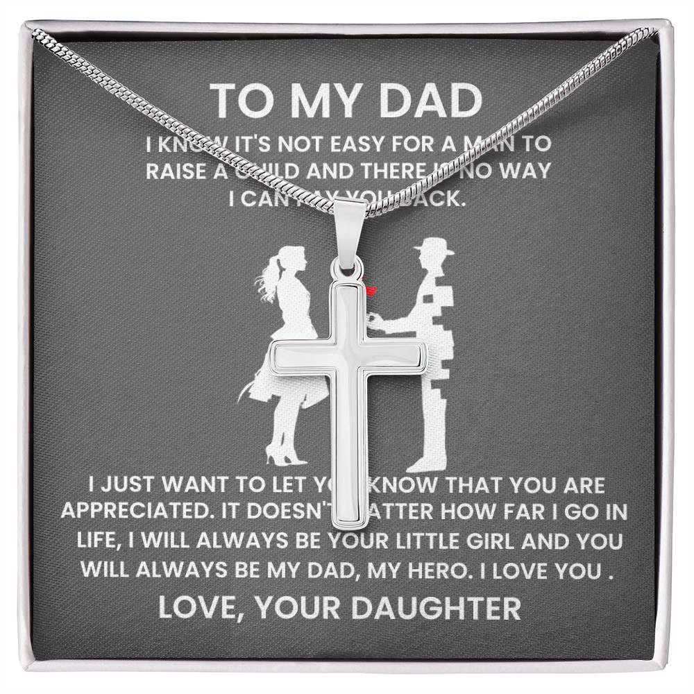 Dad Not Easy to Raise a Child Artisan Cross Pendant Necklace with Adjustable Snake Chain – Gold or Stainless Steel-Express Your Love Gifts