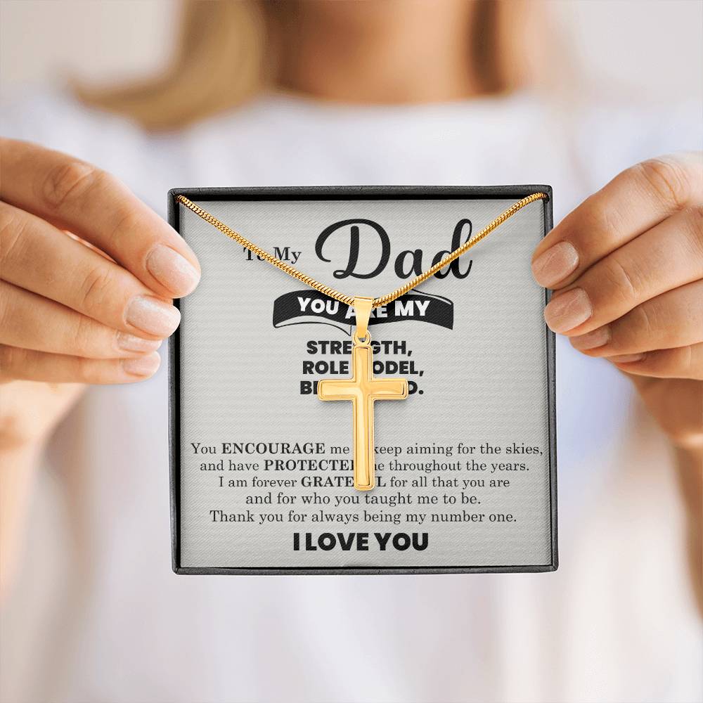 Strength, Role Model, Bestfriend Dad Artisan Cross Pendant Necklace with Adjustable Snake Chain – Gold or Stainless Steel-Express Your Love Gifts