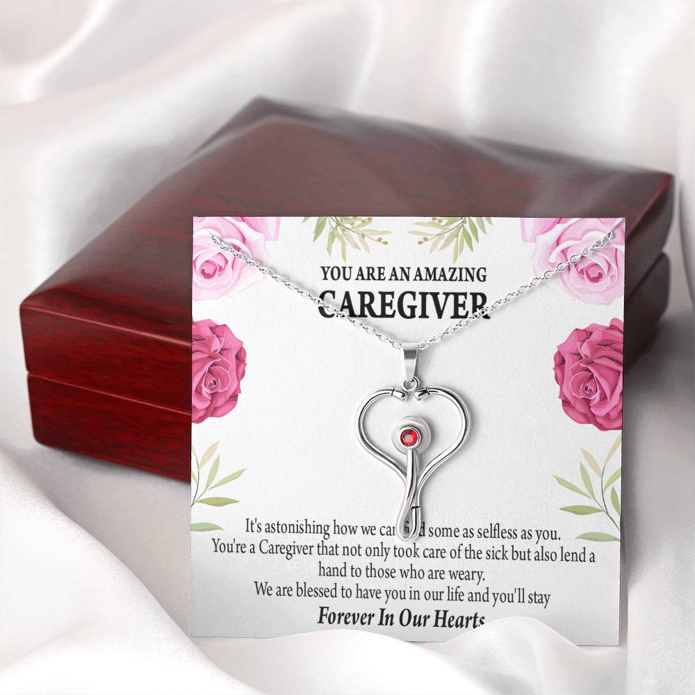 Caregiver Necklace Heart Scope Necklace Red Swarovski Crystal Adjustable Chain 18-22"-Express Your Love Gifts