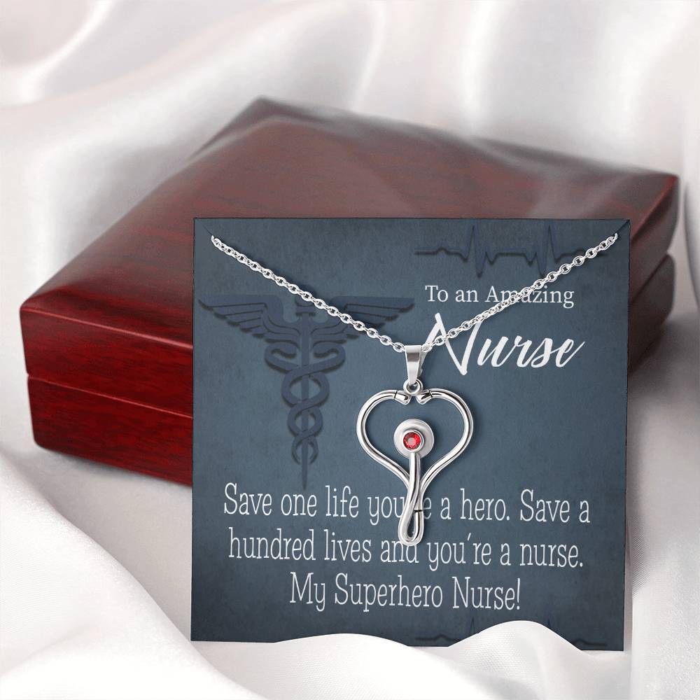 My Superhero Nurse! Heart Scope Necklace Red Swarovski Crystal Adjustable Chain 18-22"-Express Your Love Gifts