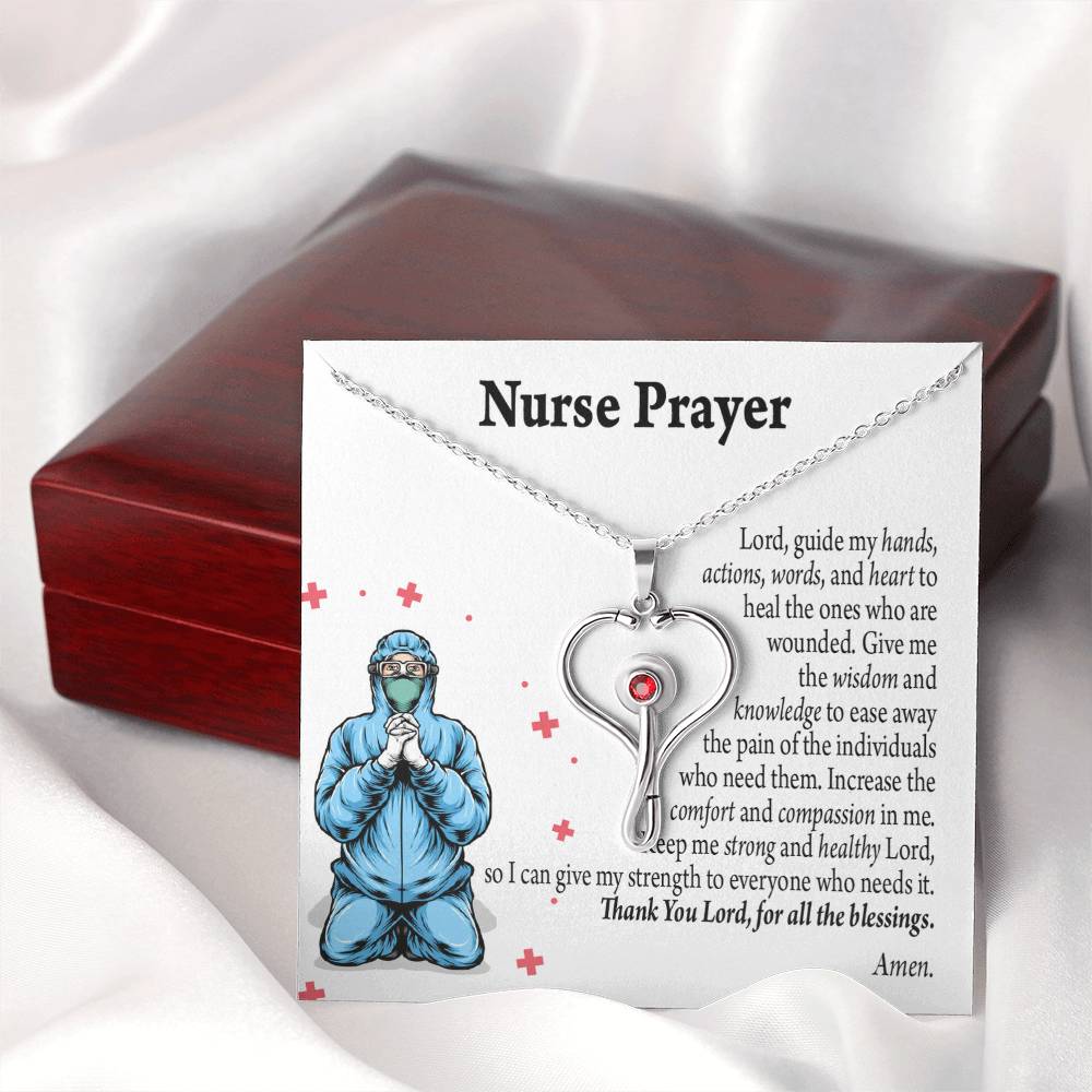 Nurse Prayer Necklace Heart Scope Necklace Red Swarovski Crystal Adjustable Chain 18-22"-Express Your Love Gifts