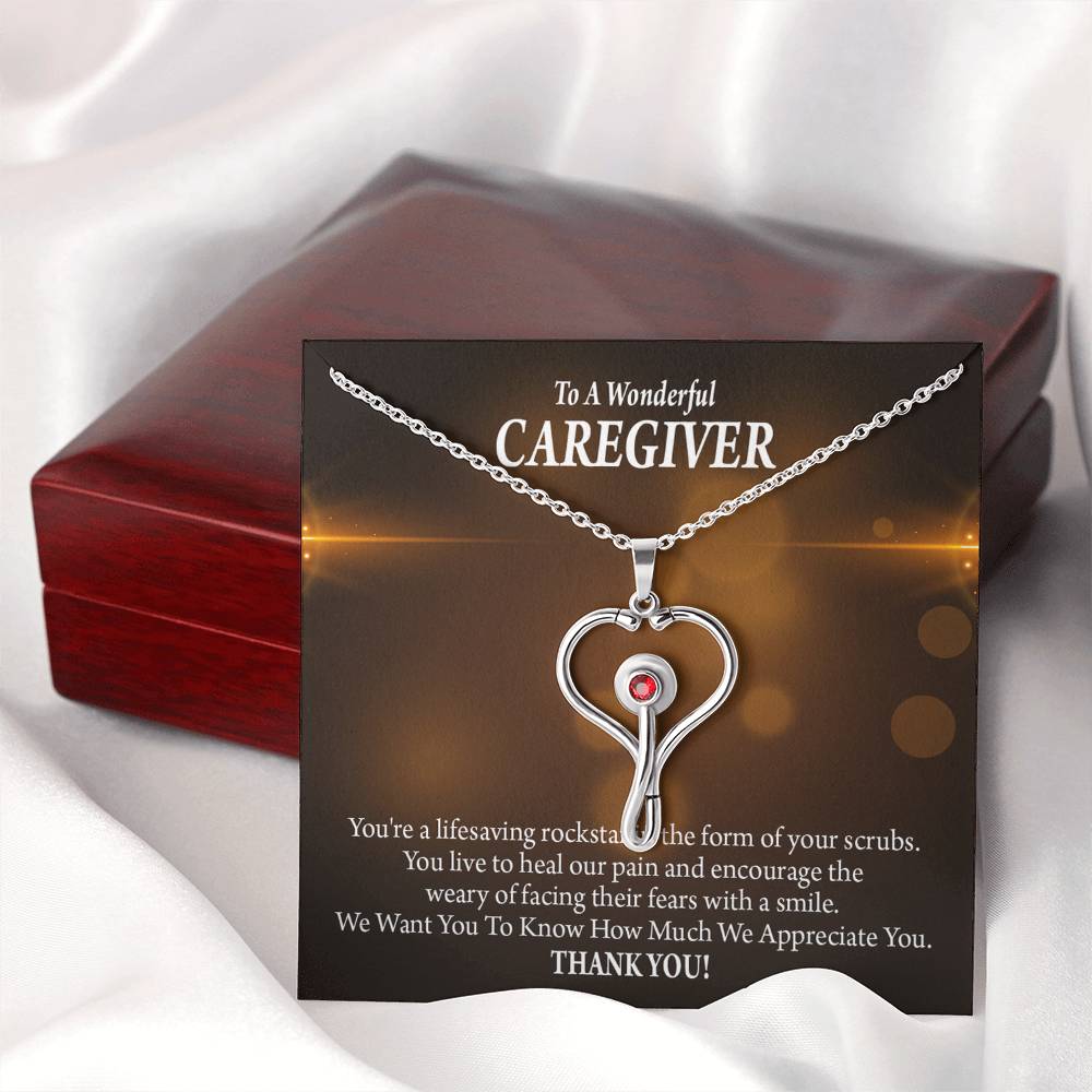 Rockstar Caregiver Heart Scope Necklace Red Swarovski Crystal Adjustable Chain 18-22"-Express Your Love Gifts