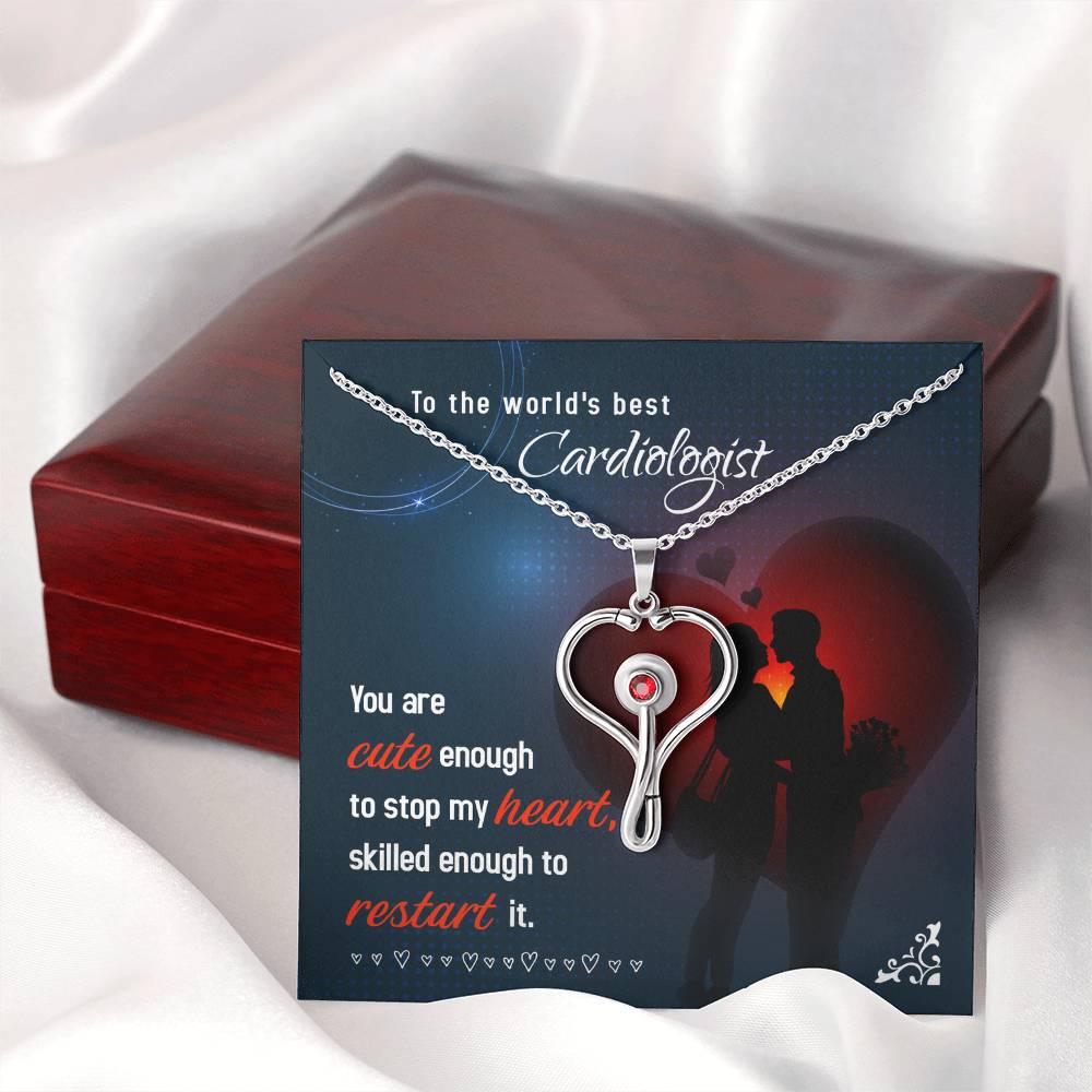 To My Cardiologist Heart Scope Necklace Red Swarovski Crystal Adjustable Chain 18-22"-Express Your Love Gifts