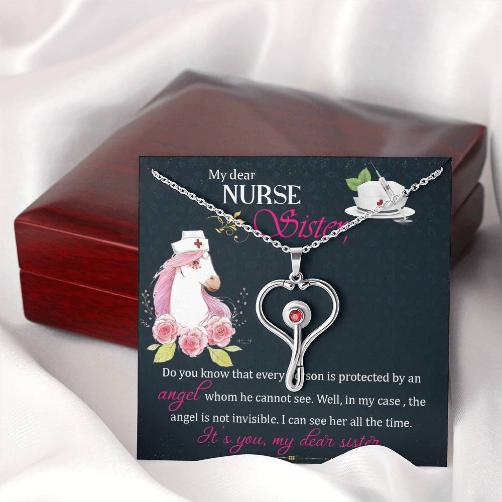 My dear nurse sister Heart Scope Necklace Red Swarovski Crystal Adjustable Chain 18-22"-Express Your Love Gifts