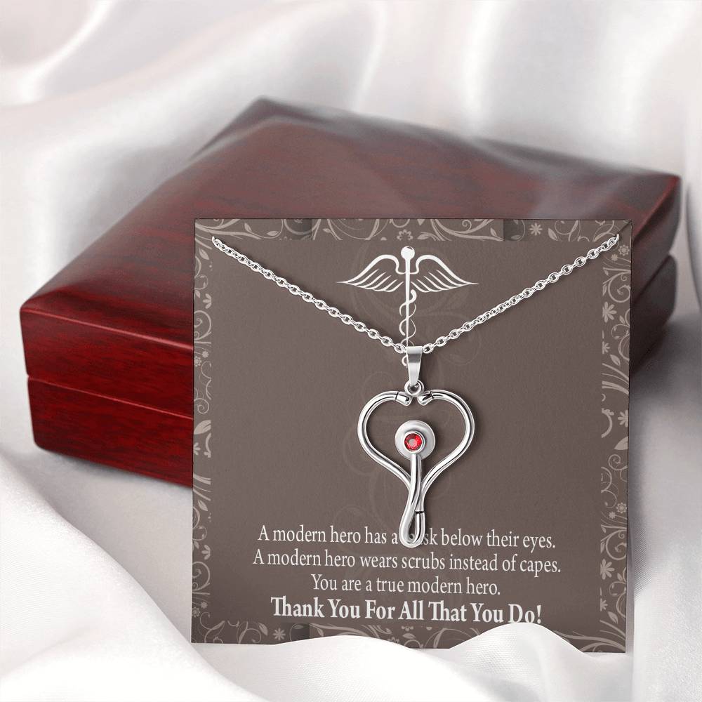 Medical Hero Appreciation Heart Scope Necklace Red Swarovski Crystal Adjustable Chain 18-22"-Express Your Love Gifts