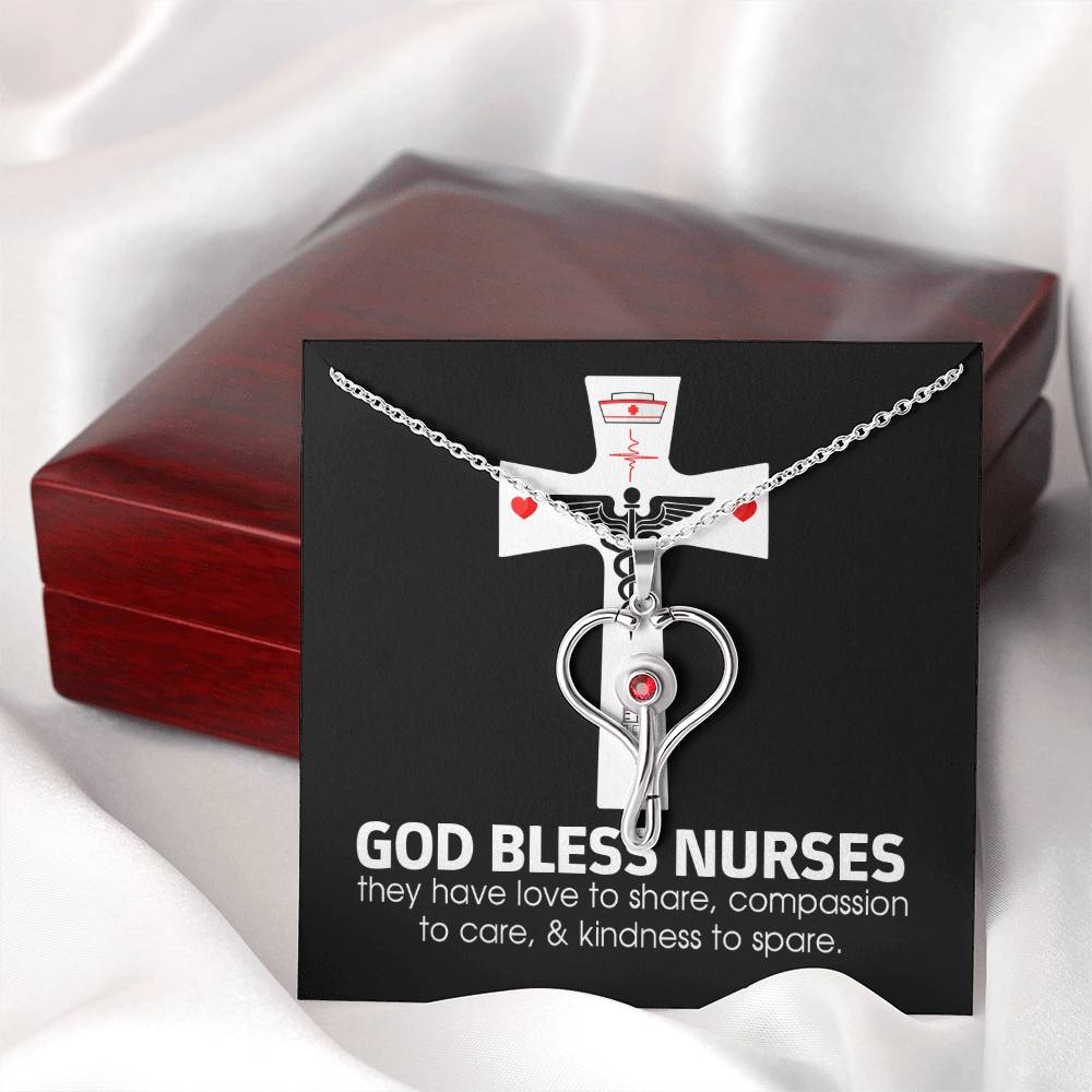 God Bless Nurses Heart Scope Necklace Red Swarovski Crystal Adjustable Chain 18-22"-Express Your Love Gifts