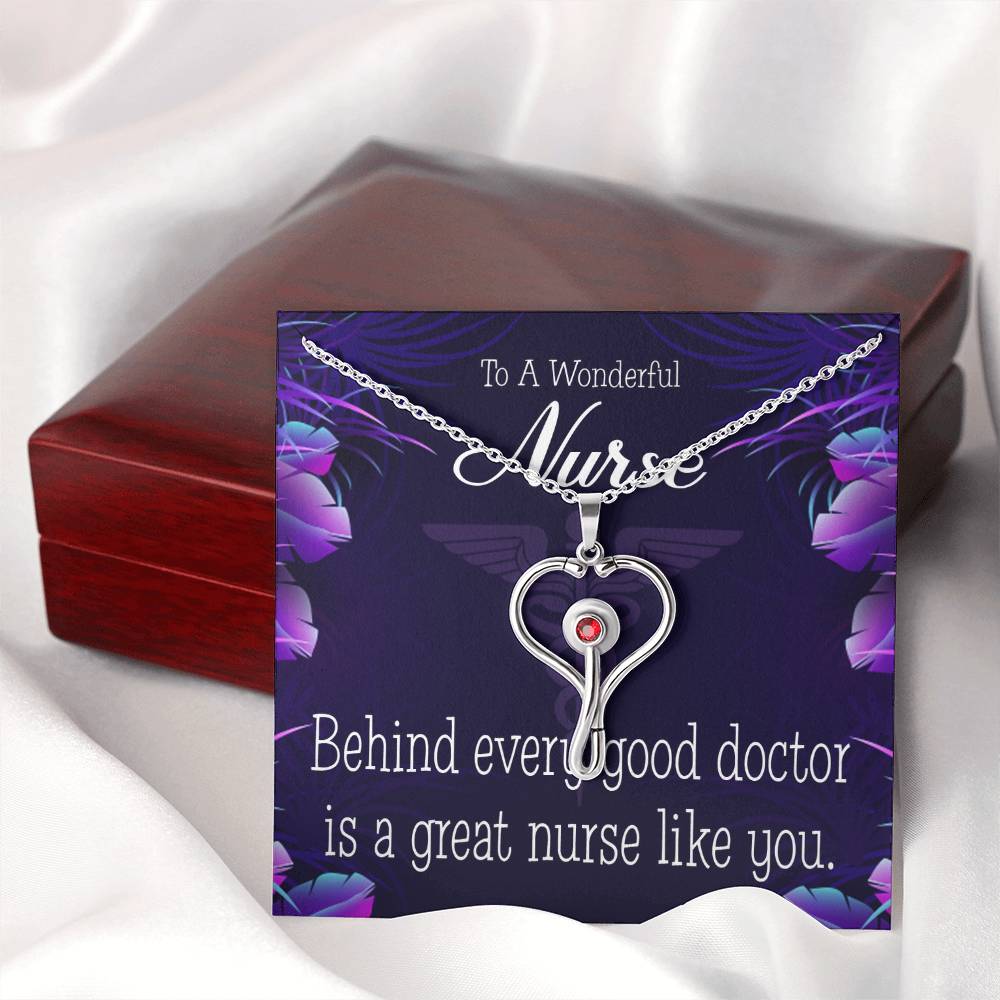 Behind Every Doctor Heart Scope Necklace Red Swarovski Crystal Adjustable Chain 18-22"-Express Your Love Gifts