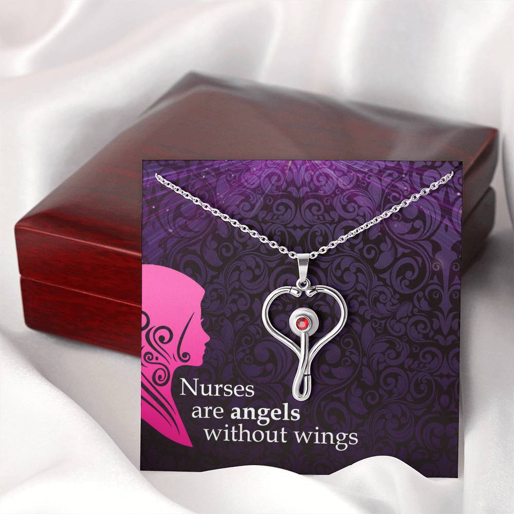 Nurses are angels Heart Scope Necklace Red Swarovski Crystal Adjustable Chain 18-22"-Express Your Love Gifts