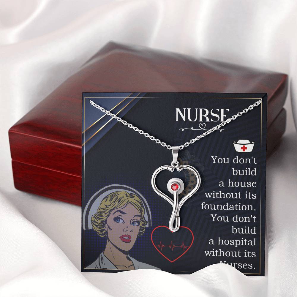 Nurses are the Foundation Heart Scope Necklace Red Swarovski Crystal Adjustable Chain 18-22"-Express Your Love Gifts