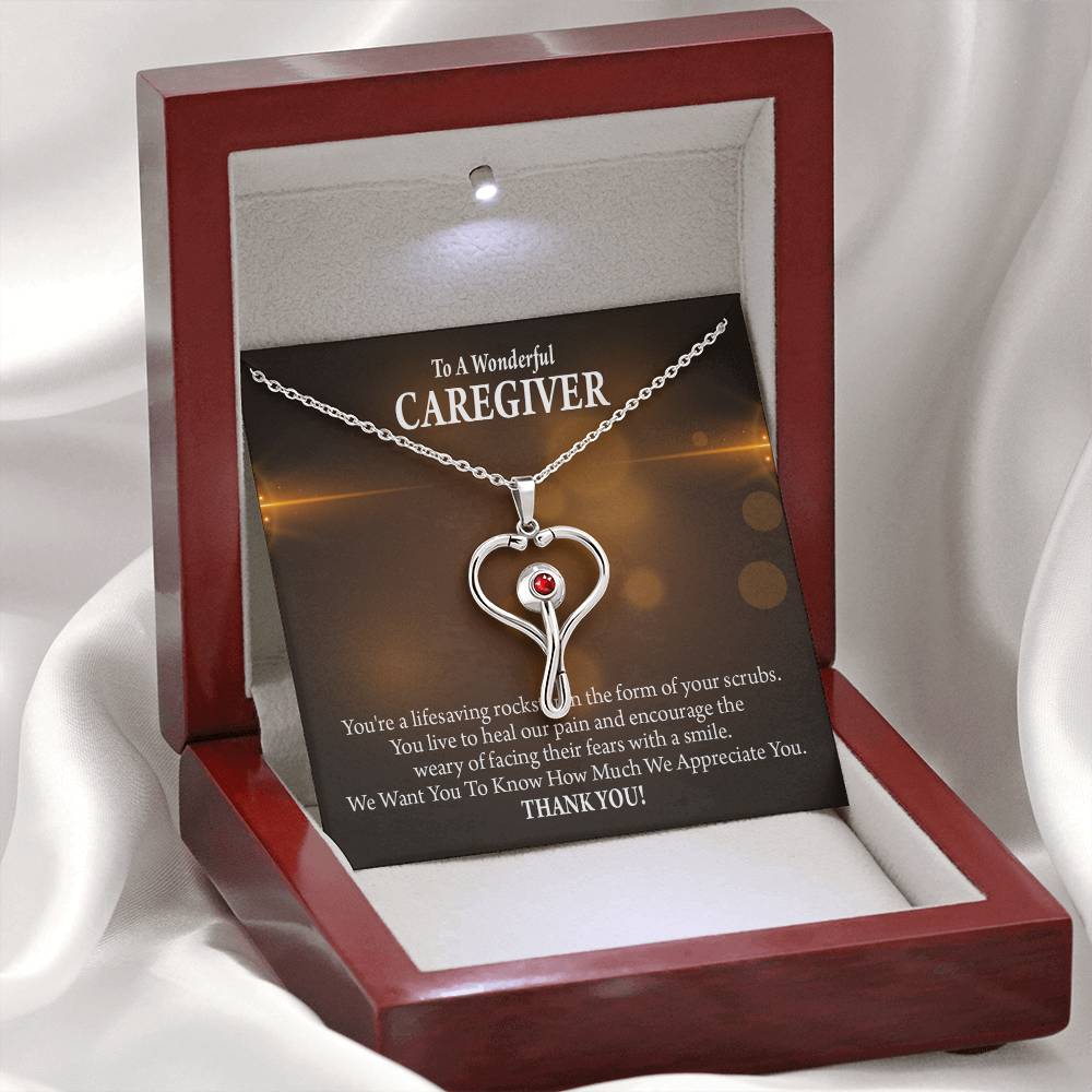 Rockstar Caregiver Heart Scope Necklace Red Swarovski Crystal Adjustable Chain 18-22"-Express Your Love Gifts